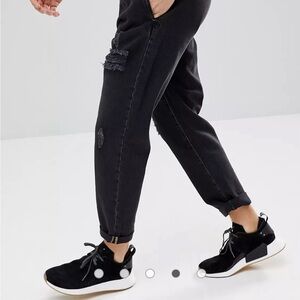 ASOS DESIGN Double Pleat Jeans In Washed Black With Rips 36 x 34